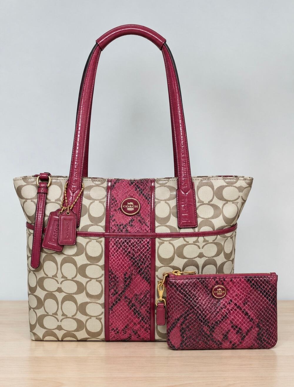 Y2K Coach F25706 Signature Python Stripe Tote & F50162 Python Embossed Wristlet